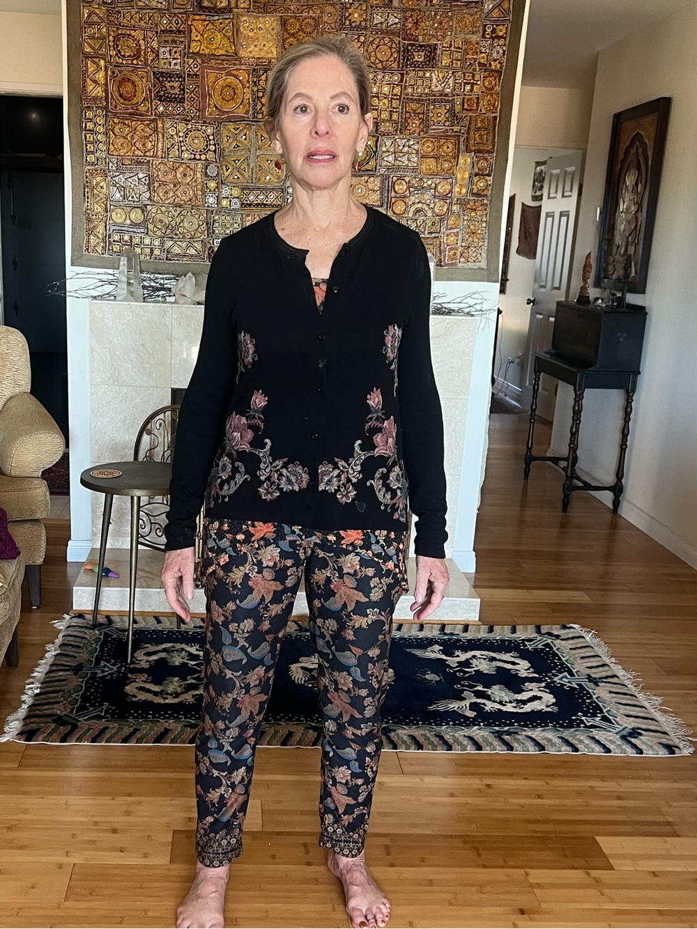 Floral Straight-Leg Pants in Black with Brown Floral Print